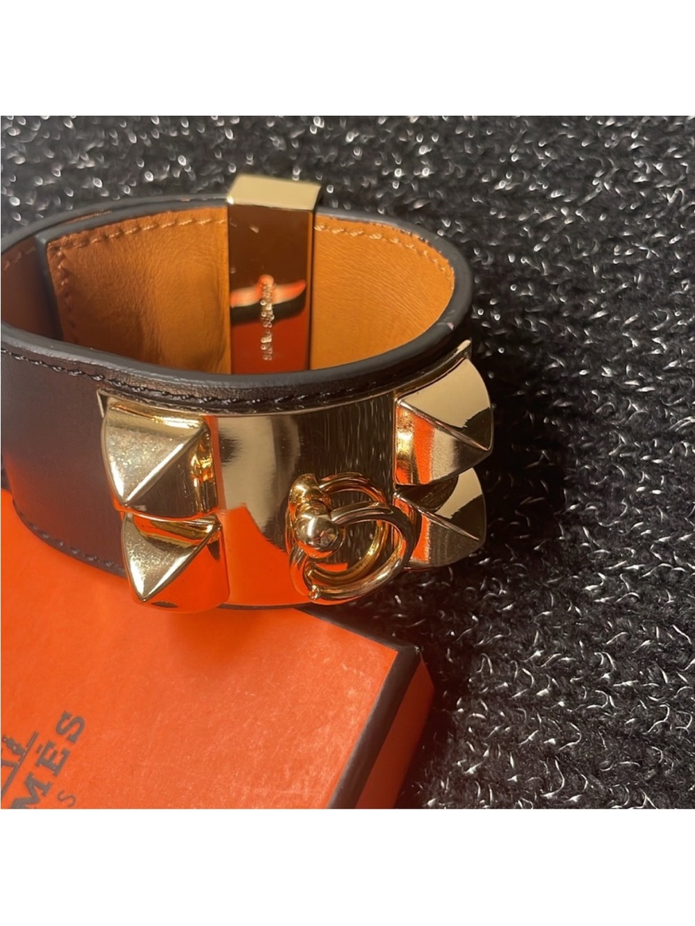 Hermes Black and Orange Collier de Chien Gold Hardware Bracelet